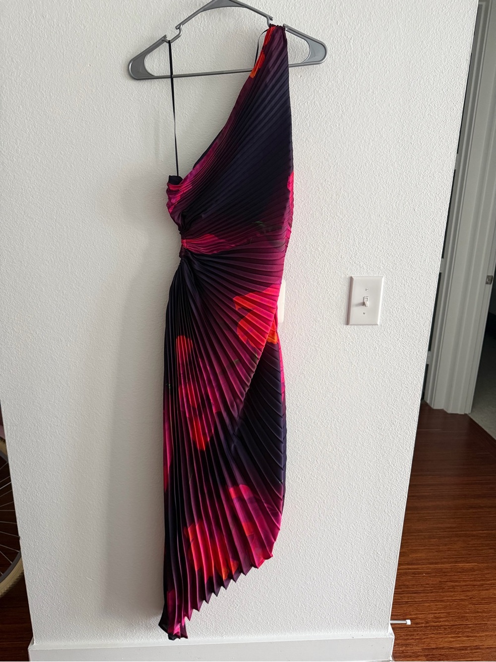 Dress Forum One-Shoulder Pleated Maxi Dress in Black and Fuchsia